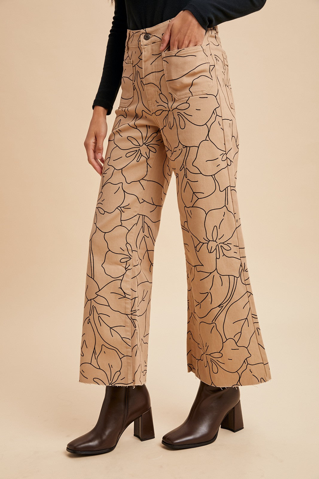 Floral Print Wide Leg Jeans - Latte