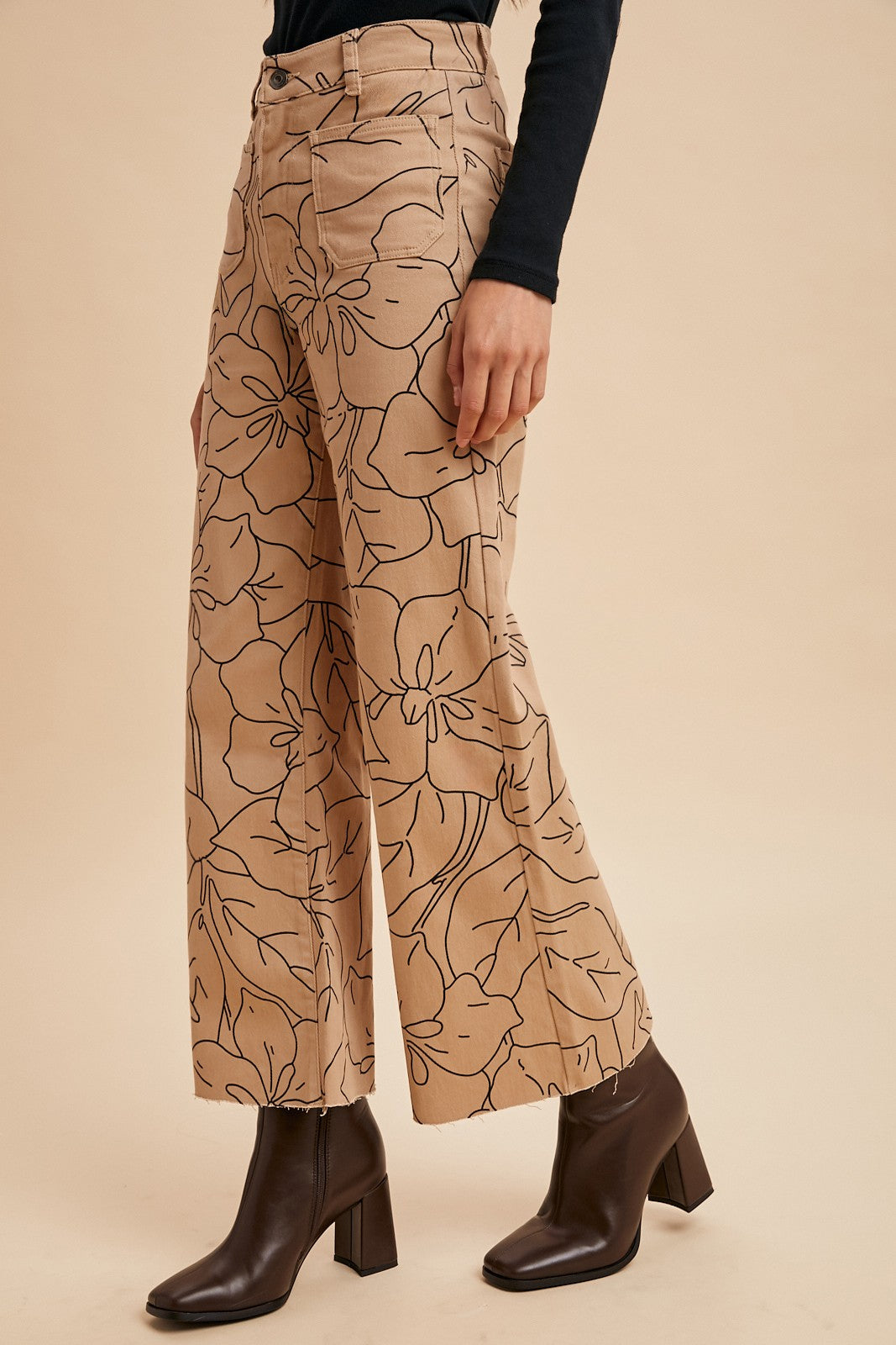 Floral Print Wide Leg Jeans - Latte