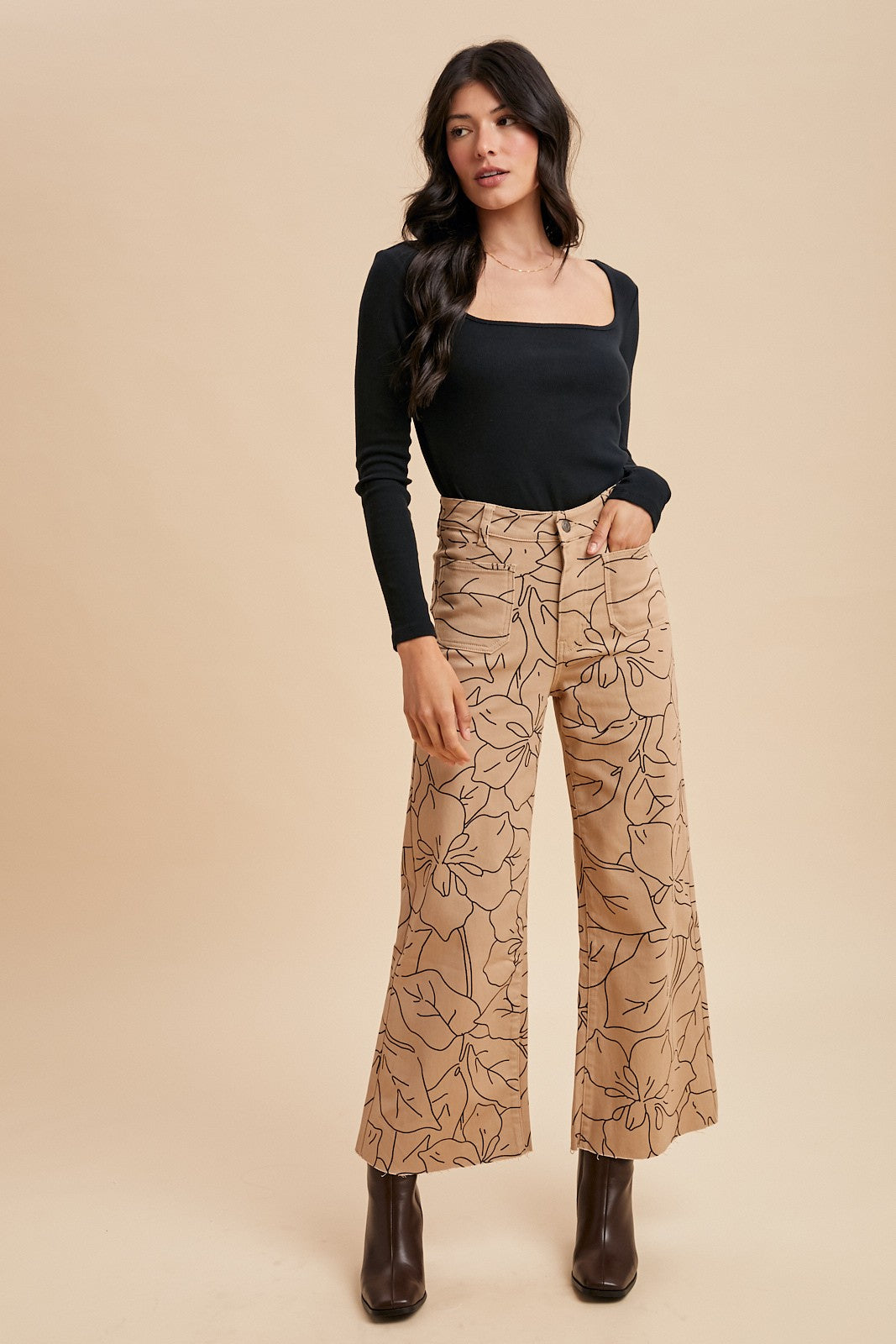 Floral Print Wide Leg Jeans - Latte