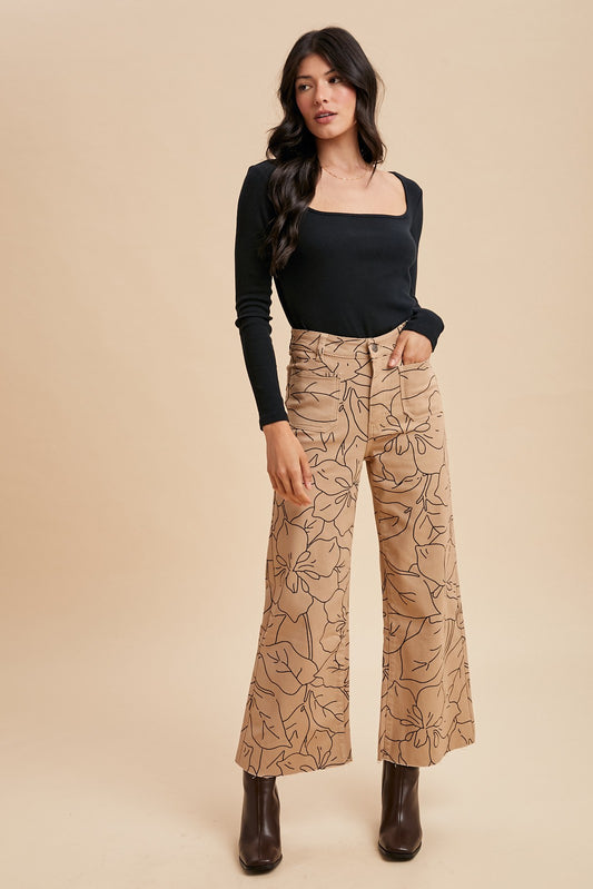 Floral Print Wide Leg Jeans - Latte