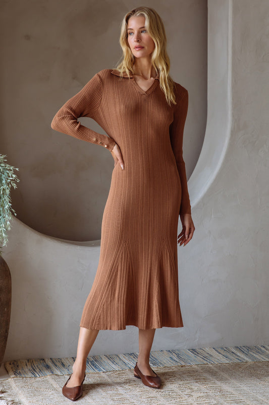 Ribbed Knit Long Sleeve Midi Dress - Brown