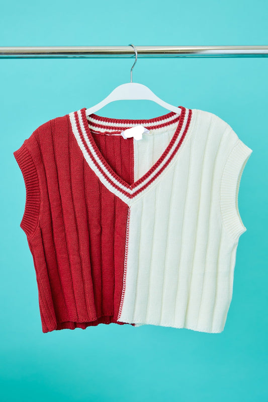Two Tone V Neck Sweater - Crimson/White