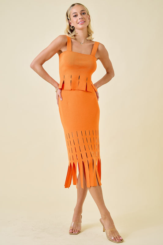 Sweater Midi Skirt with Fringe Hem - Sunkist