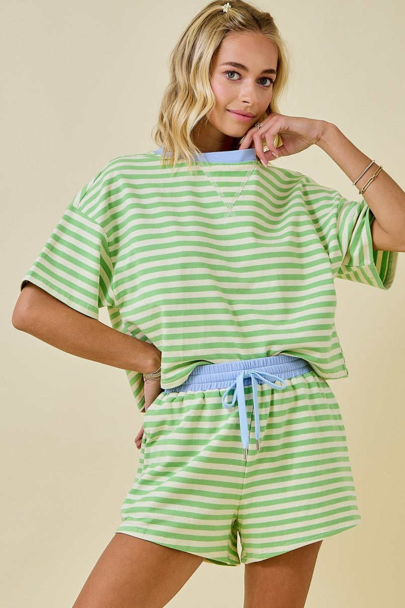 Boxy Terry Short Sleeve Tee With Contrast Neckband - Honeydew/Periwinkle