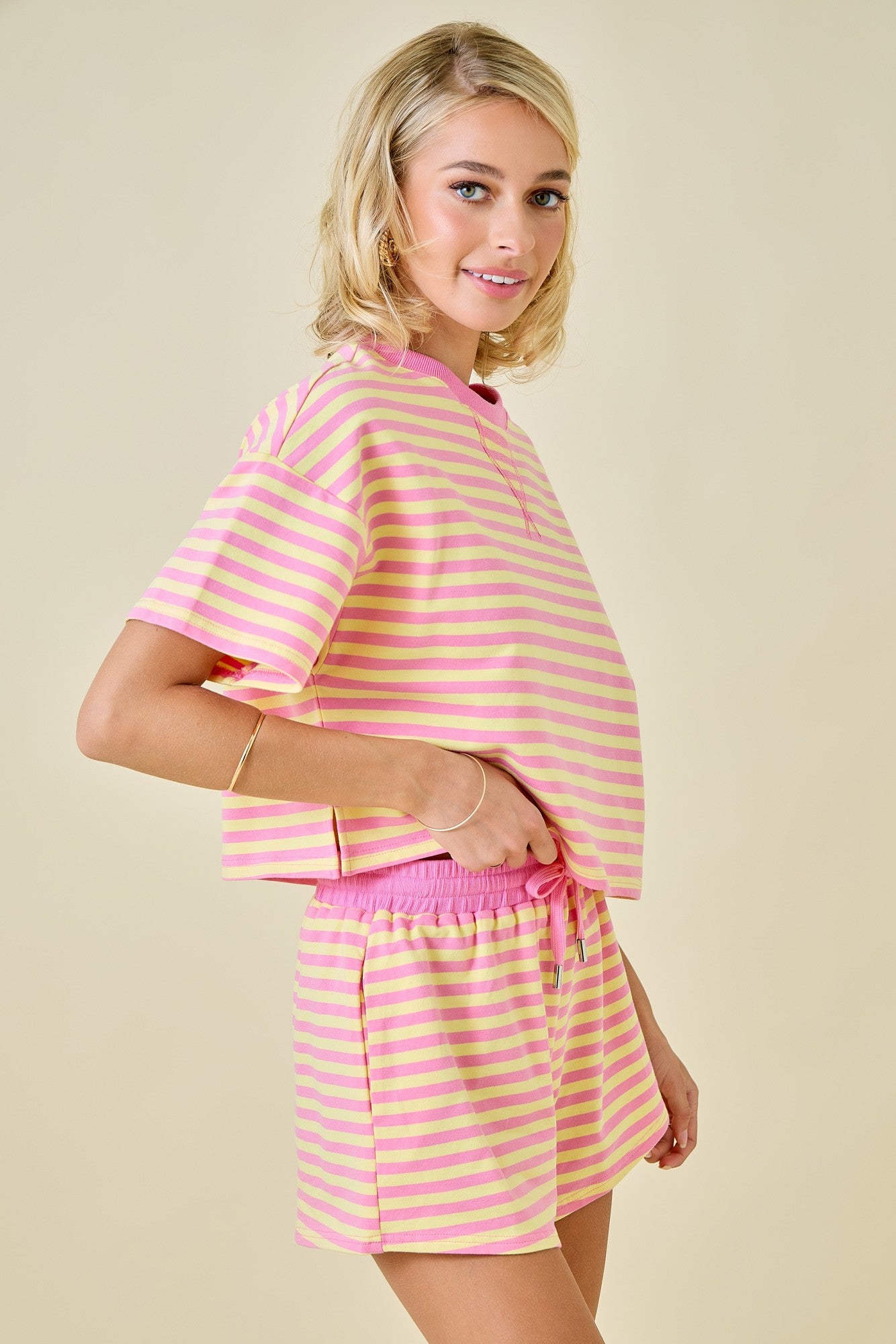 Terry Striped Shorts With Contrasting Waistband - Pink Lemonade