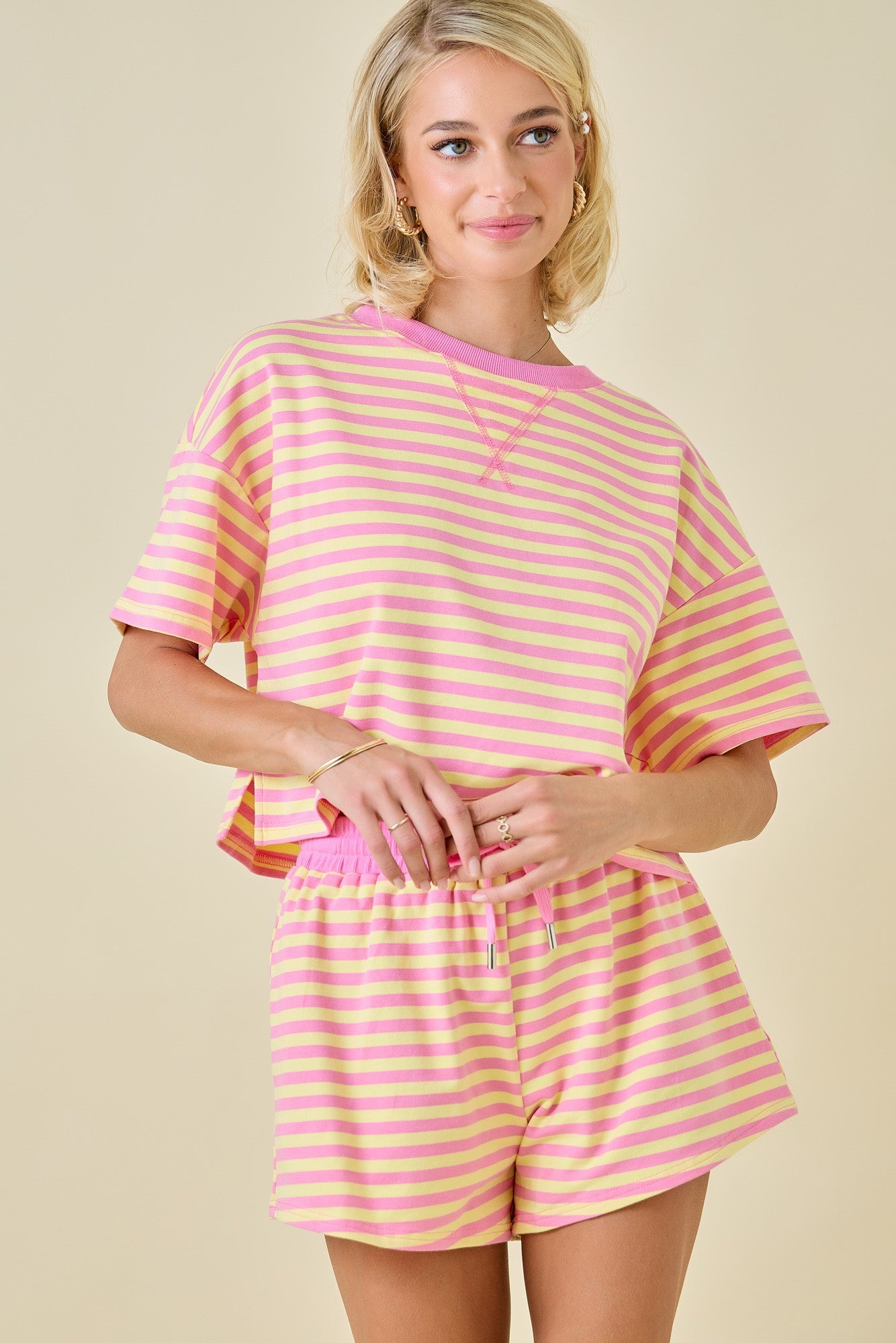 Boxy Terry Short Sleeve Tee With Contrast Neckband - Pink Lemonade