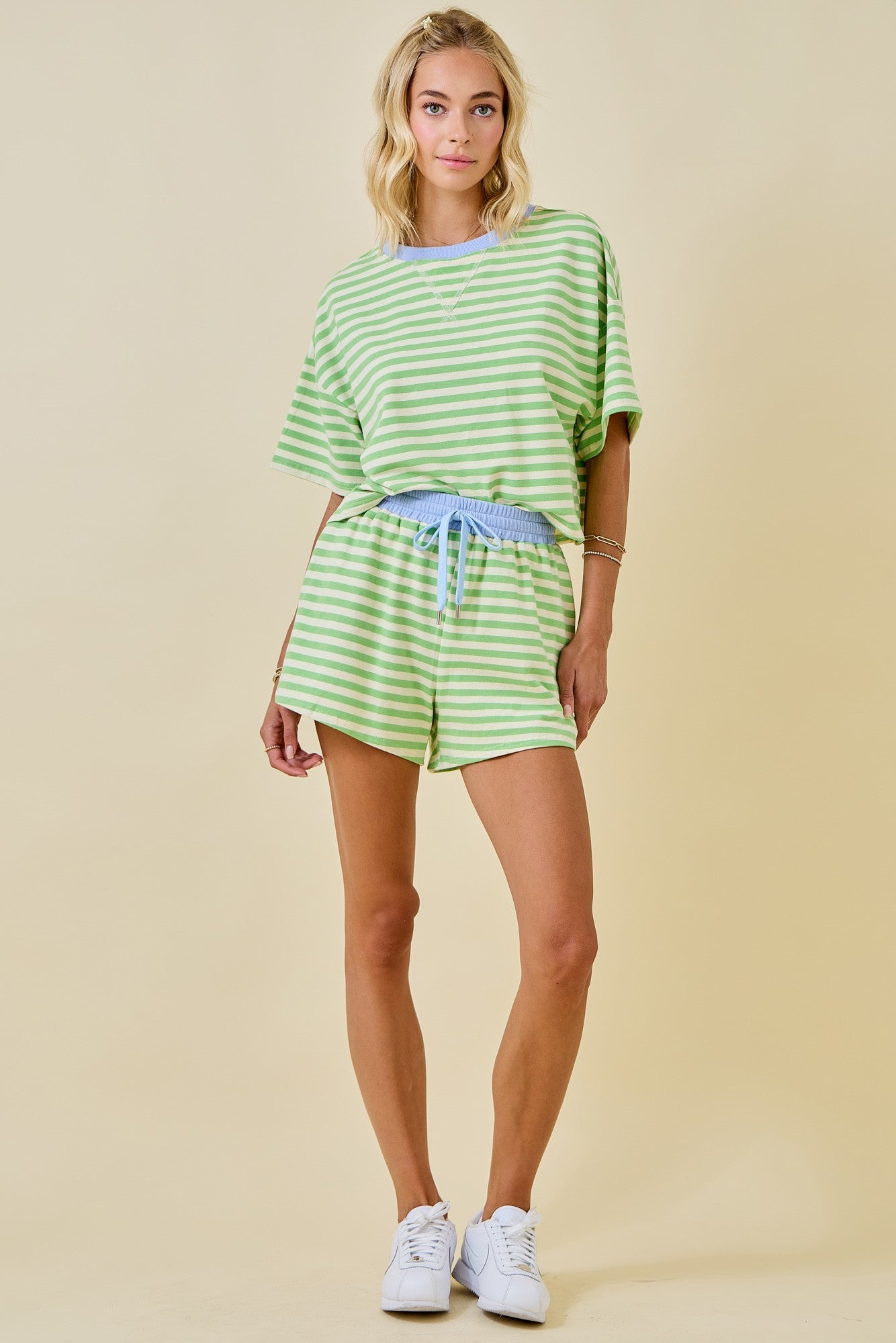 Boxy Terry Short Sleeve Tee With Contrast Neckband - Honeydew/Periwinkle