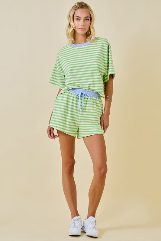 Boxy Terry Short Sleeve Tee With Contrast Neckband - Honeydew/Periwinkle