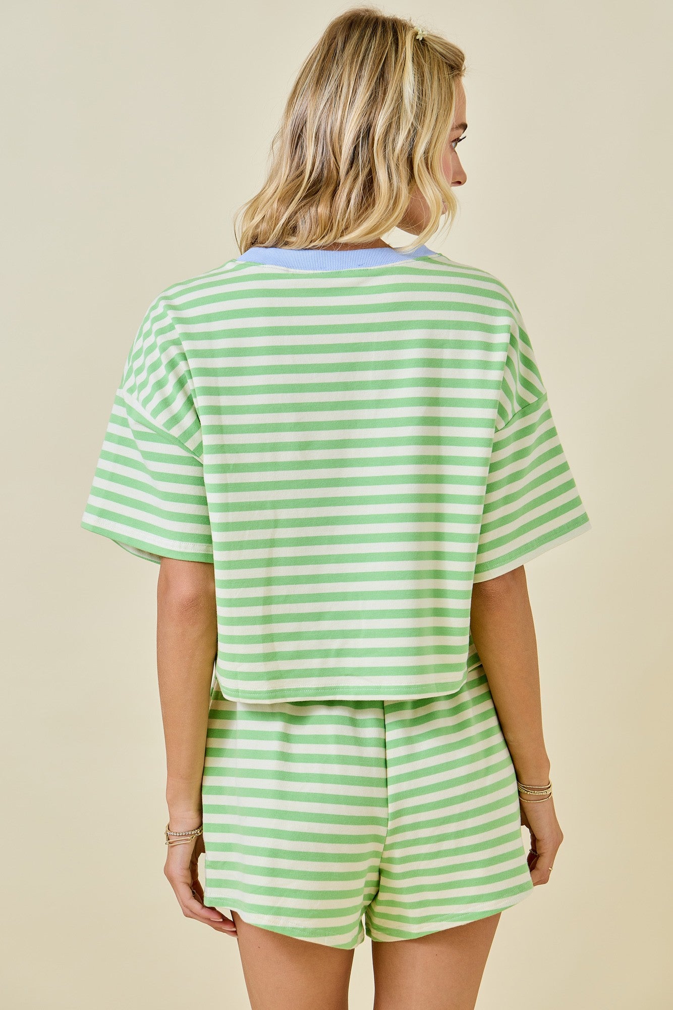 Boxy Terry Short Sleeve Tee With Contrast Neckband - Honeydew/Periwinkle