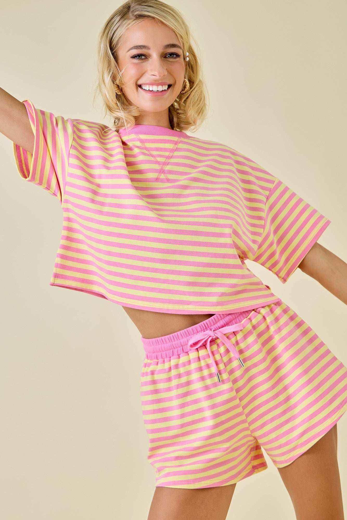 Boxy Terry Short Sleeve Tee With Contrast Neckband - Pink Lemonade