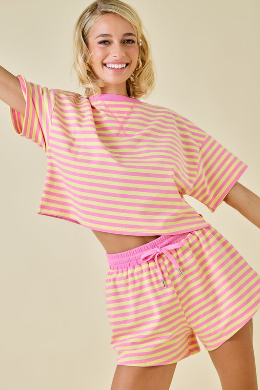 Boxy Terry Short Sleeve Tee With Contrast Neckband - Pink Lemonade