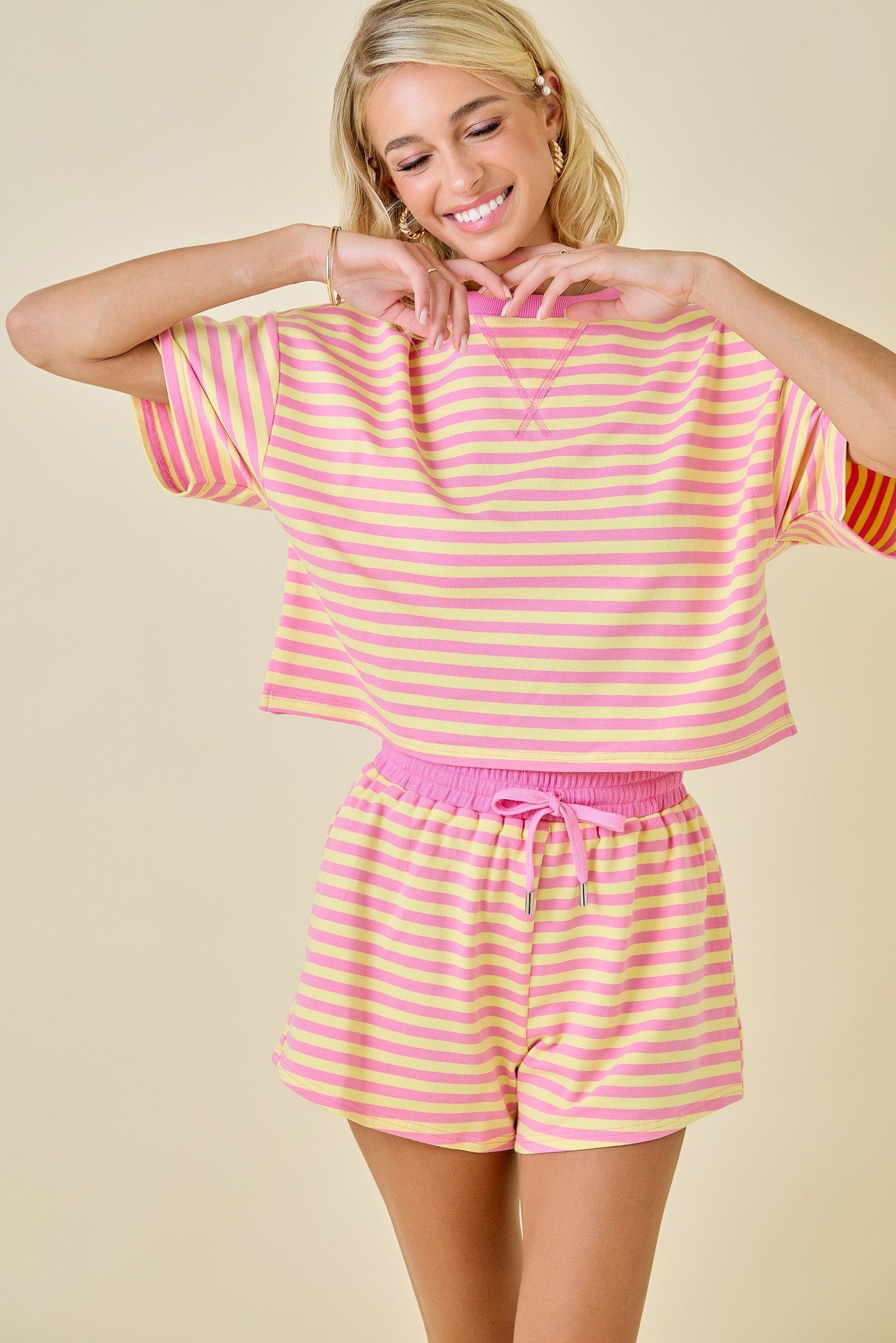 Terry Striped Shorts With Contrasting Waistband - Pink Lemonade