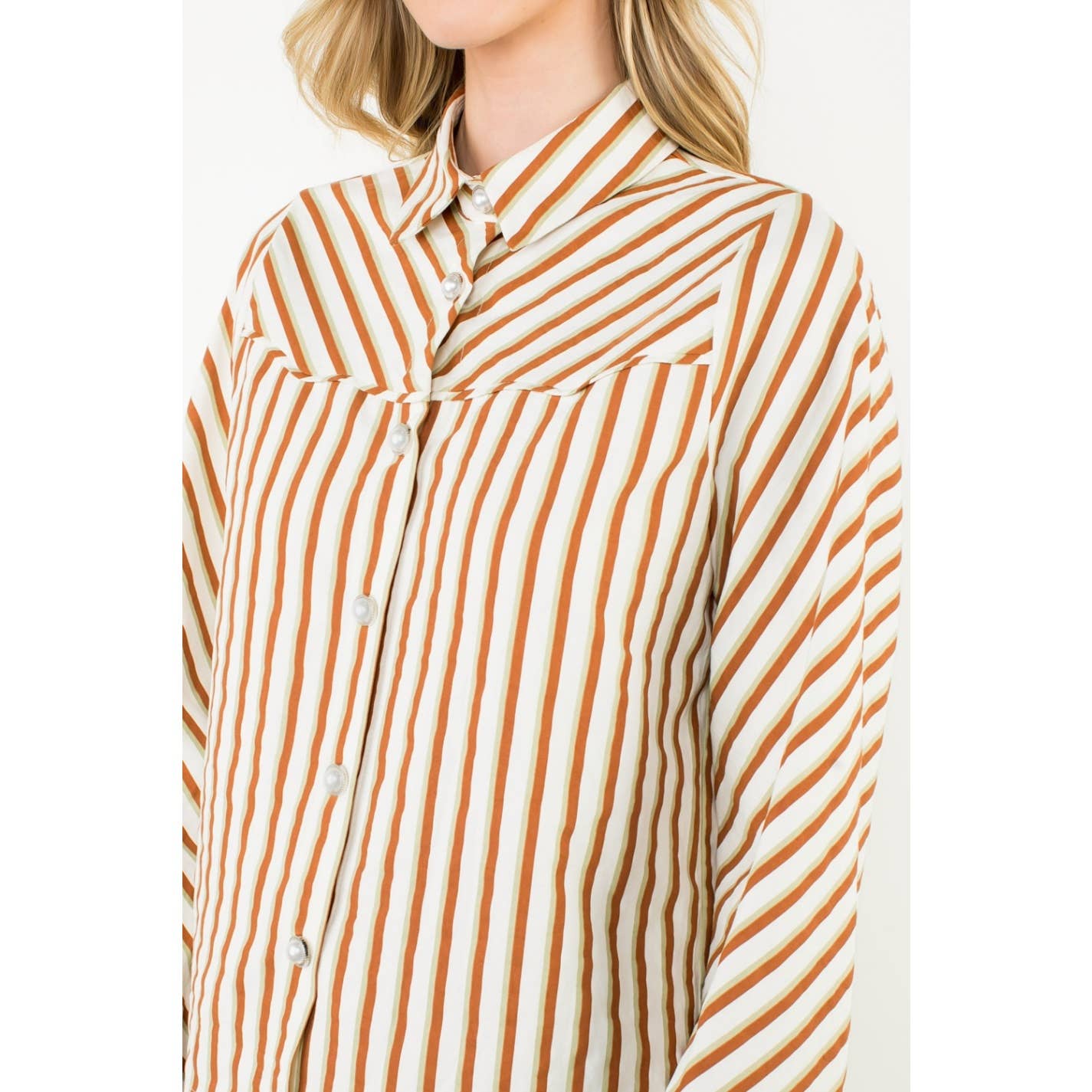 Pearl Button Long Sleeve Stripe Top - Brown