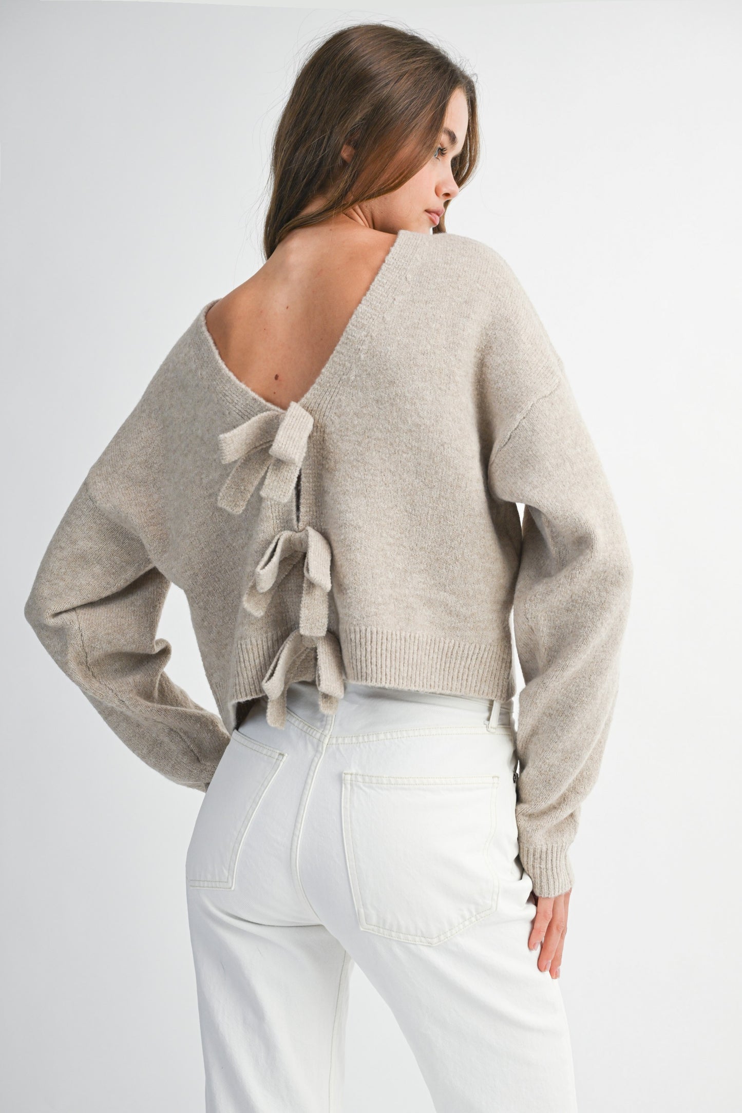Ribbon Bow Detail Knit Sweater Top - Light Taupe