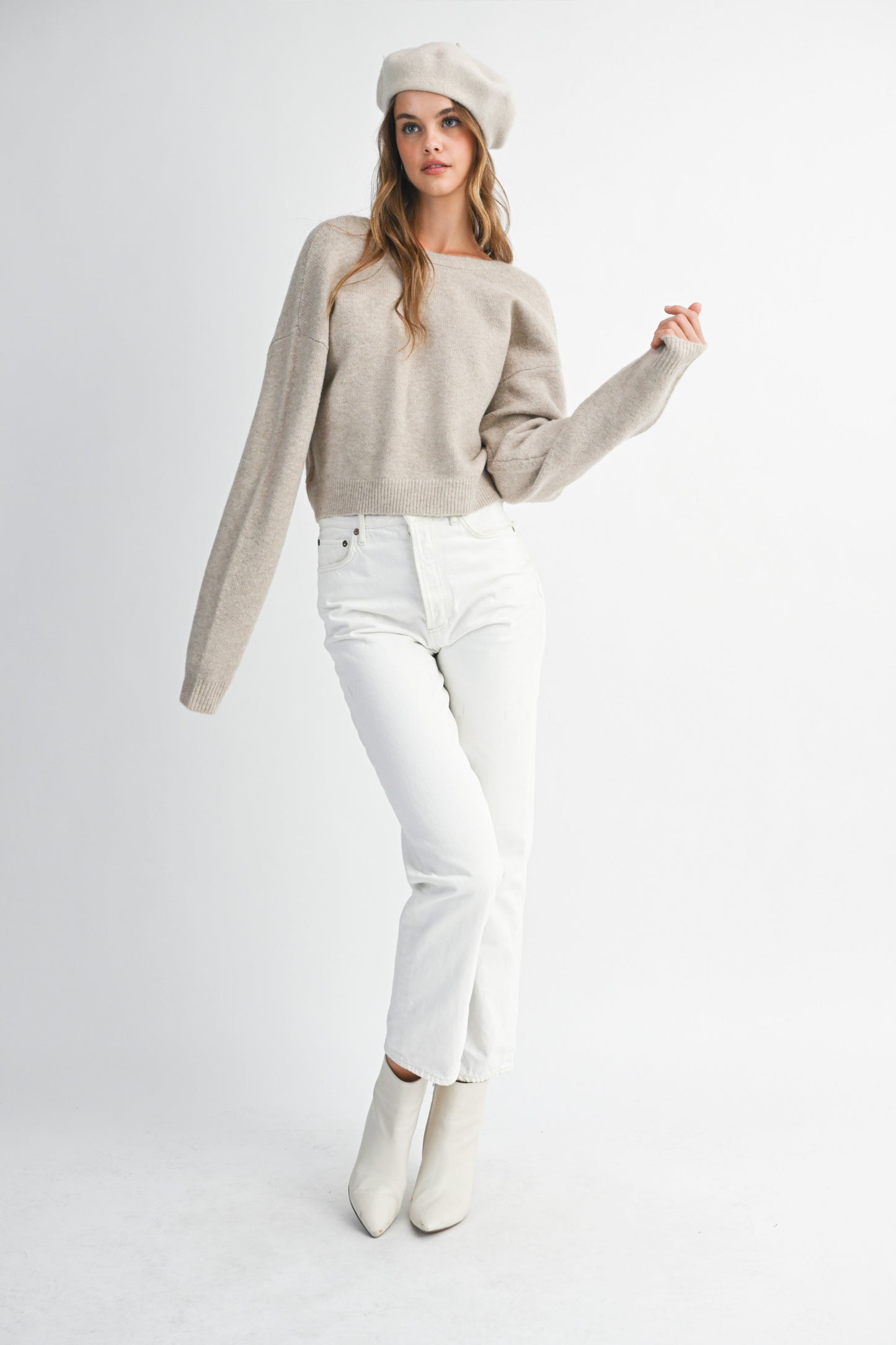 Ribbon Bow Detail Knit Sweater Top - Light Taupe