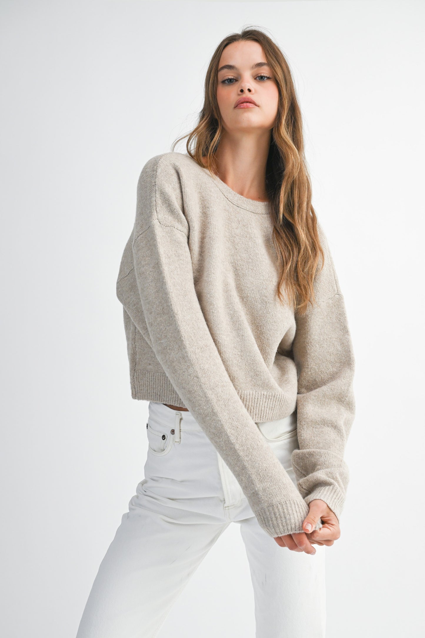 Ribbon Bow Detail Knit Sweater Top - Light Taupe