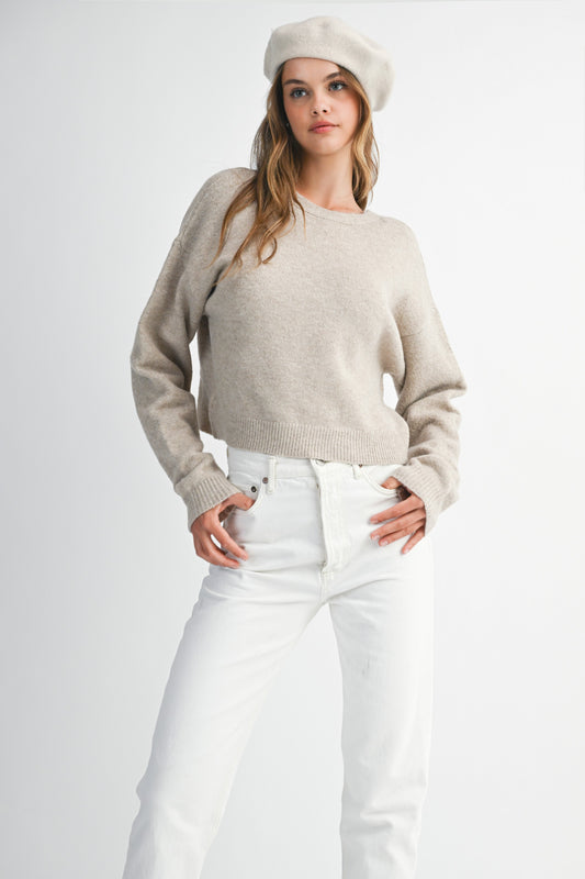 Ribbon Bow Detail Knit Sweater Top - Light Taupe