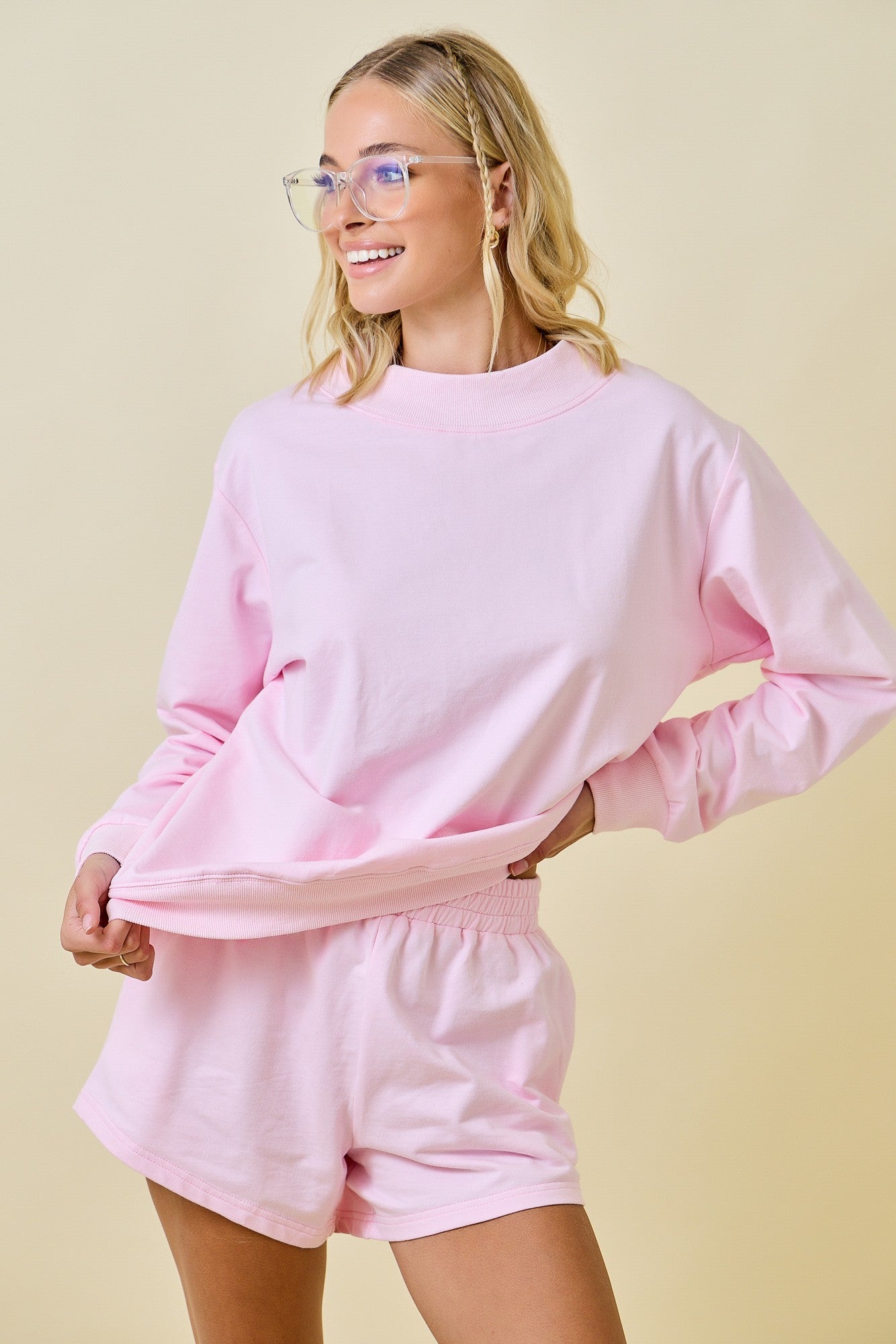 Mock Neck Terry Sweatshirt - Baby Pink