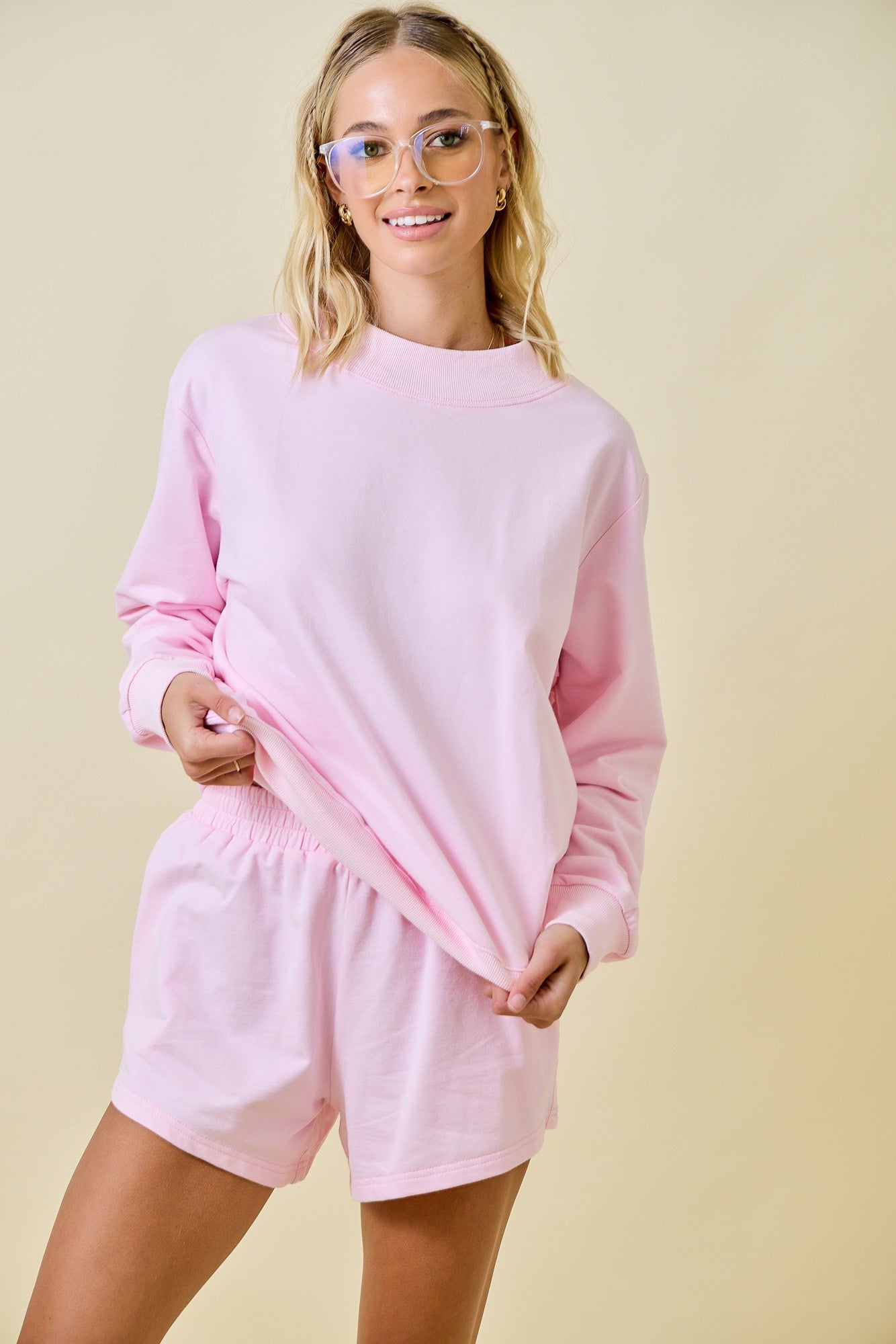 Mock Neck Terry Sweatshirt - Baby Pink