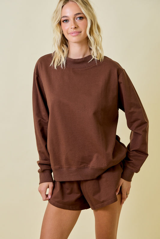 Mock Neck Terry Sweatshirt - Chocolate