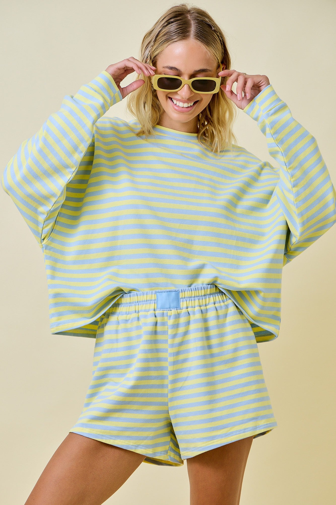 Striped Terry Loose Fit Lounge Sweatshirt - Blue/Lemon