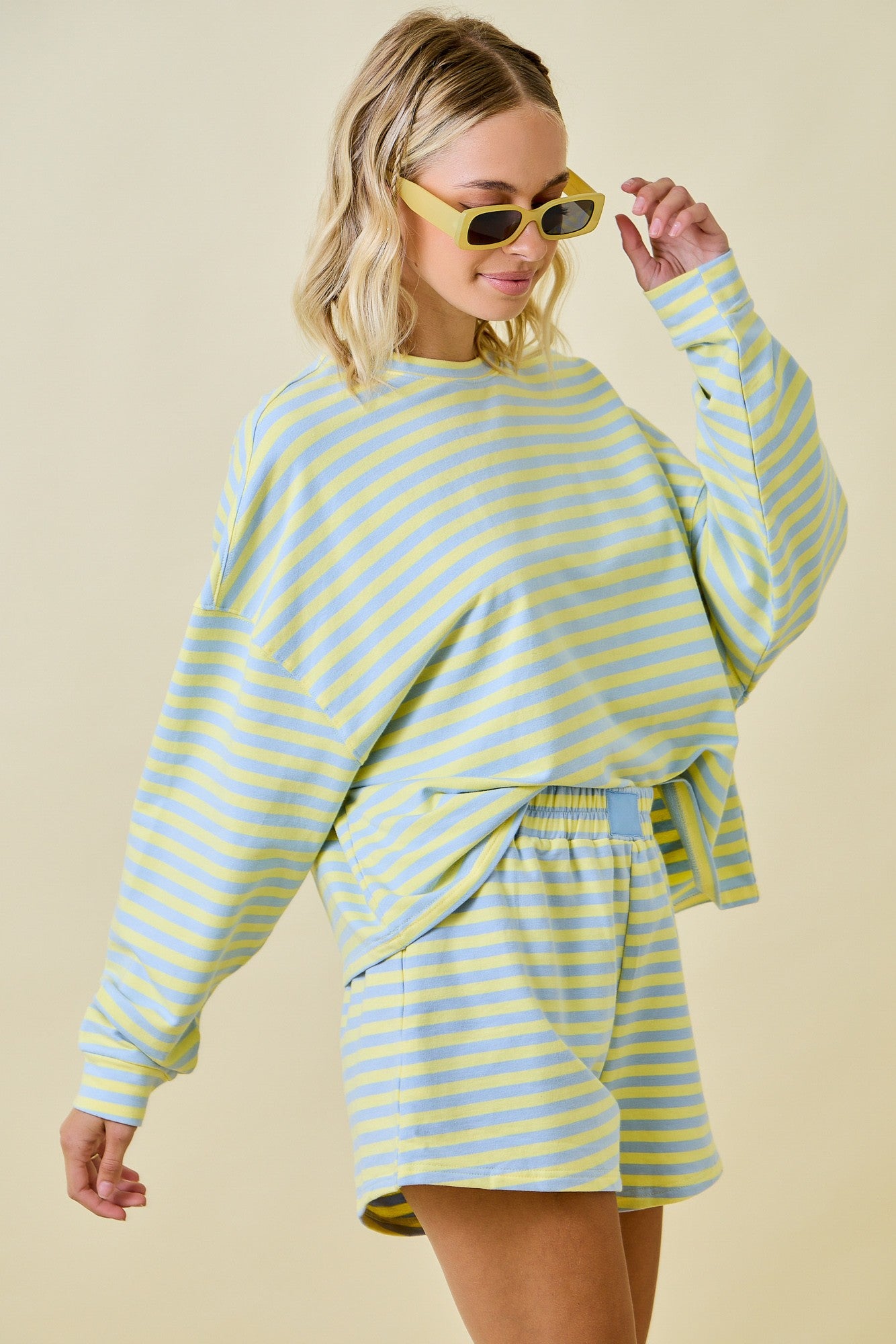 Striped Terry Loose Fit Lounge Sweatshirt - Blue/Lemon