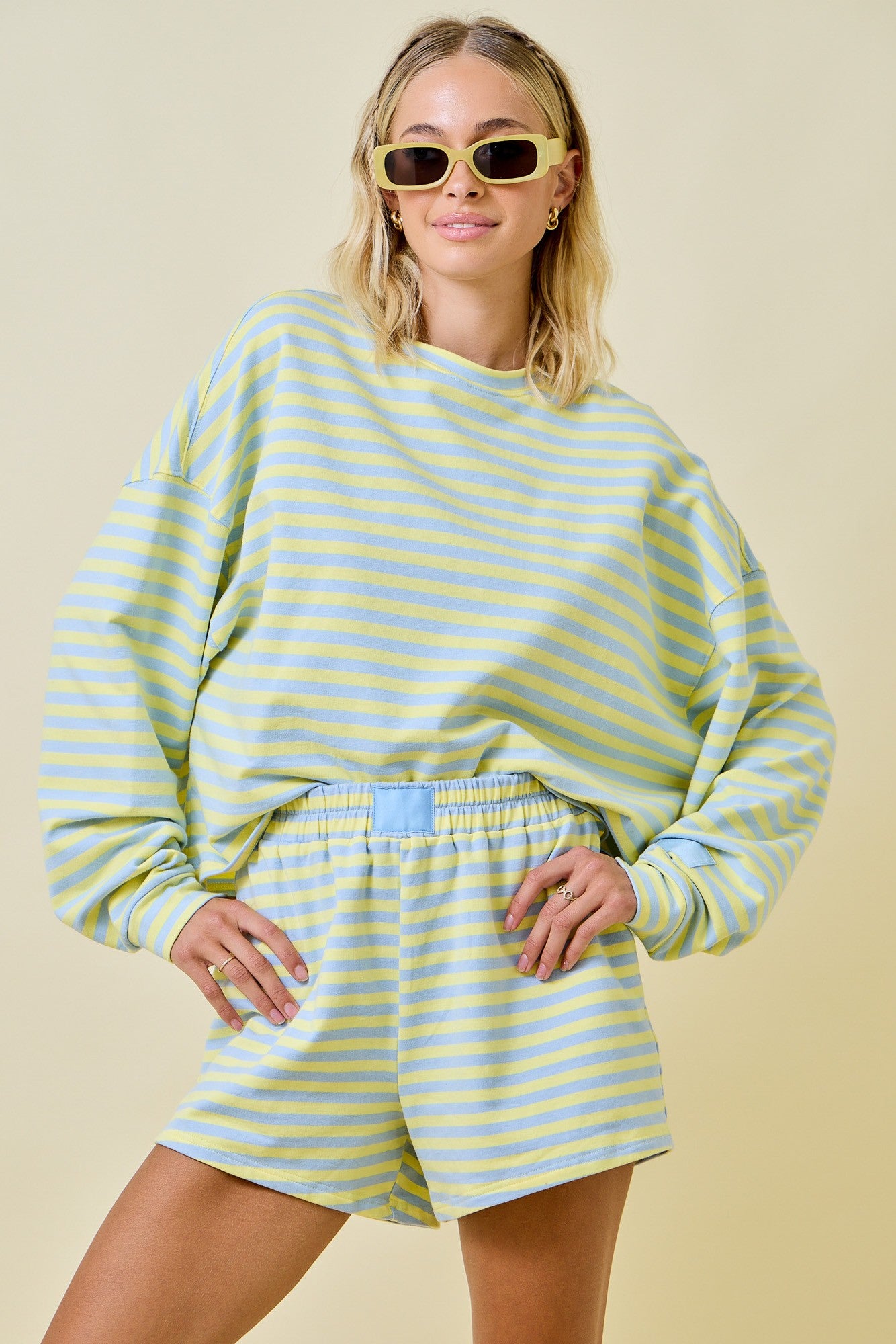 Striped Terry Loose Fit Lounge Sweatshirt - Blue/Lemon
