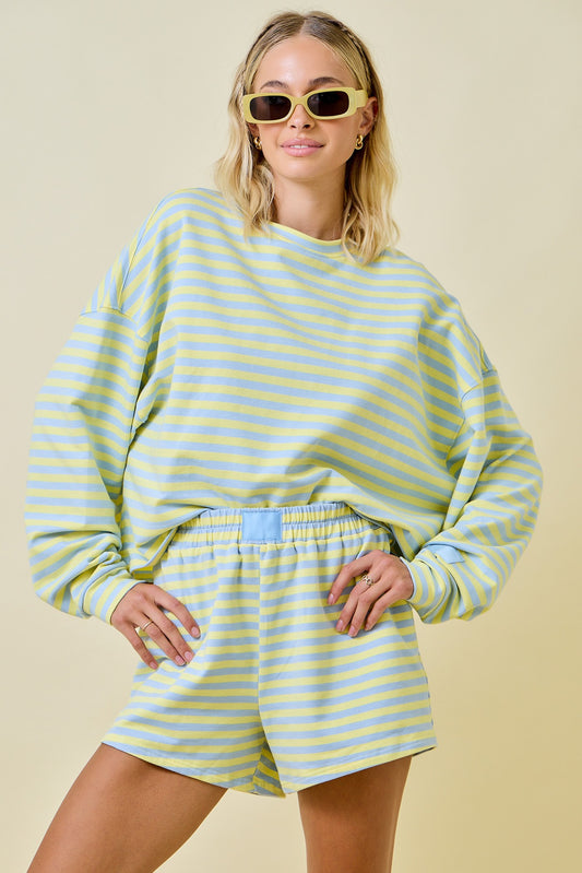 Striped Terry Loose Fit Lounge Sweatshirt - Blue/Lemon