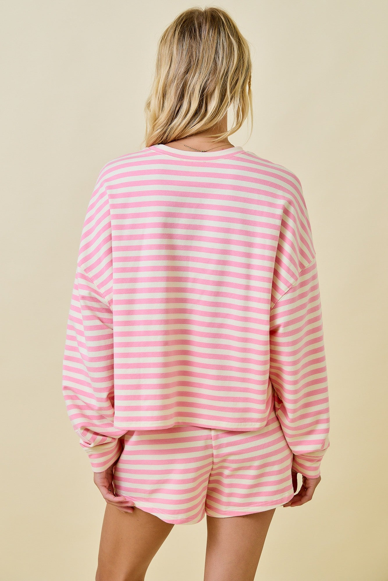 Striped Terry Loose Fit Lounge Sweatshirt - Pink/Cream