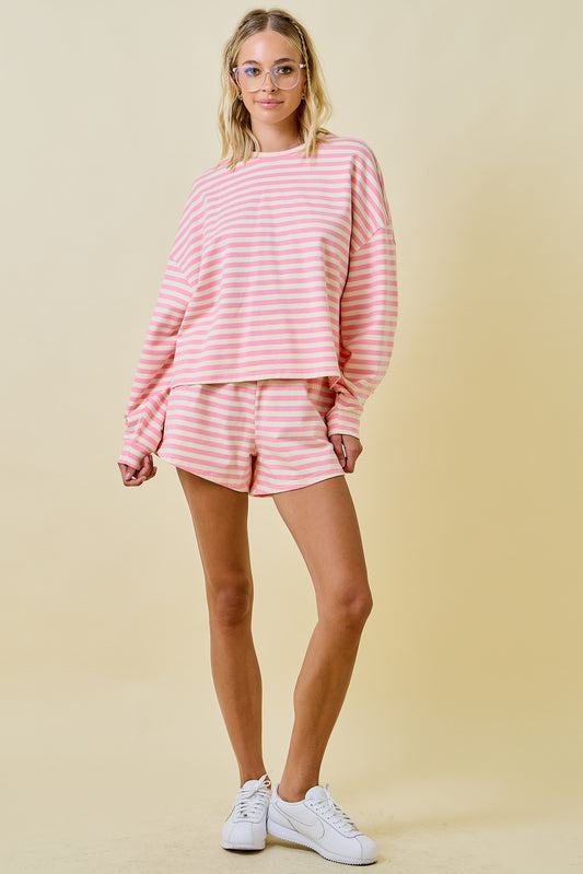 Striped Terry Loose Fit Lounge Sweatshirt - Pink/Cream