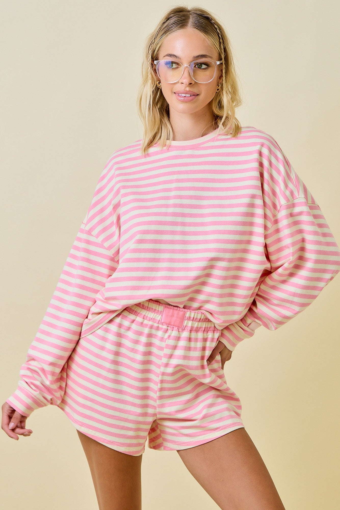 Striped Terry Lounge Sweat Shorts - Pink/Cream