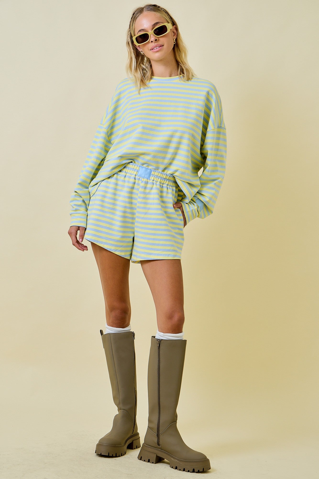 Striped Terry Lounge Sweat Shorts - Blue/Lemon