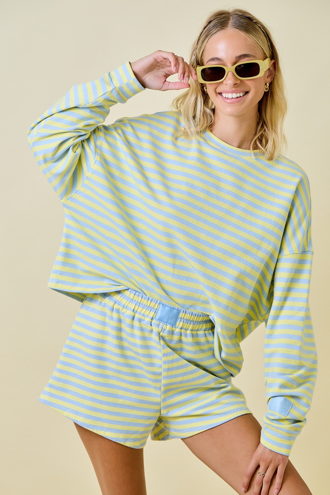 Striped Terry Lounge Sweat Shorts - Blue/Lemon