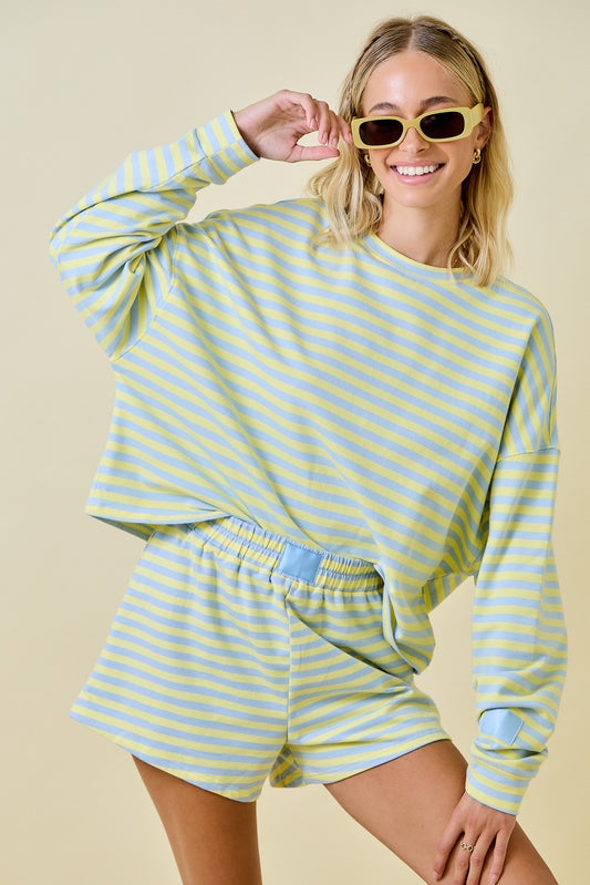 Striped Terry Lounge Sweat Shorts - Blue/Lemon