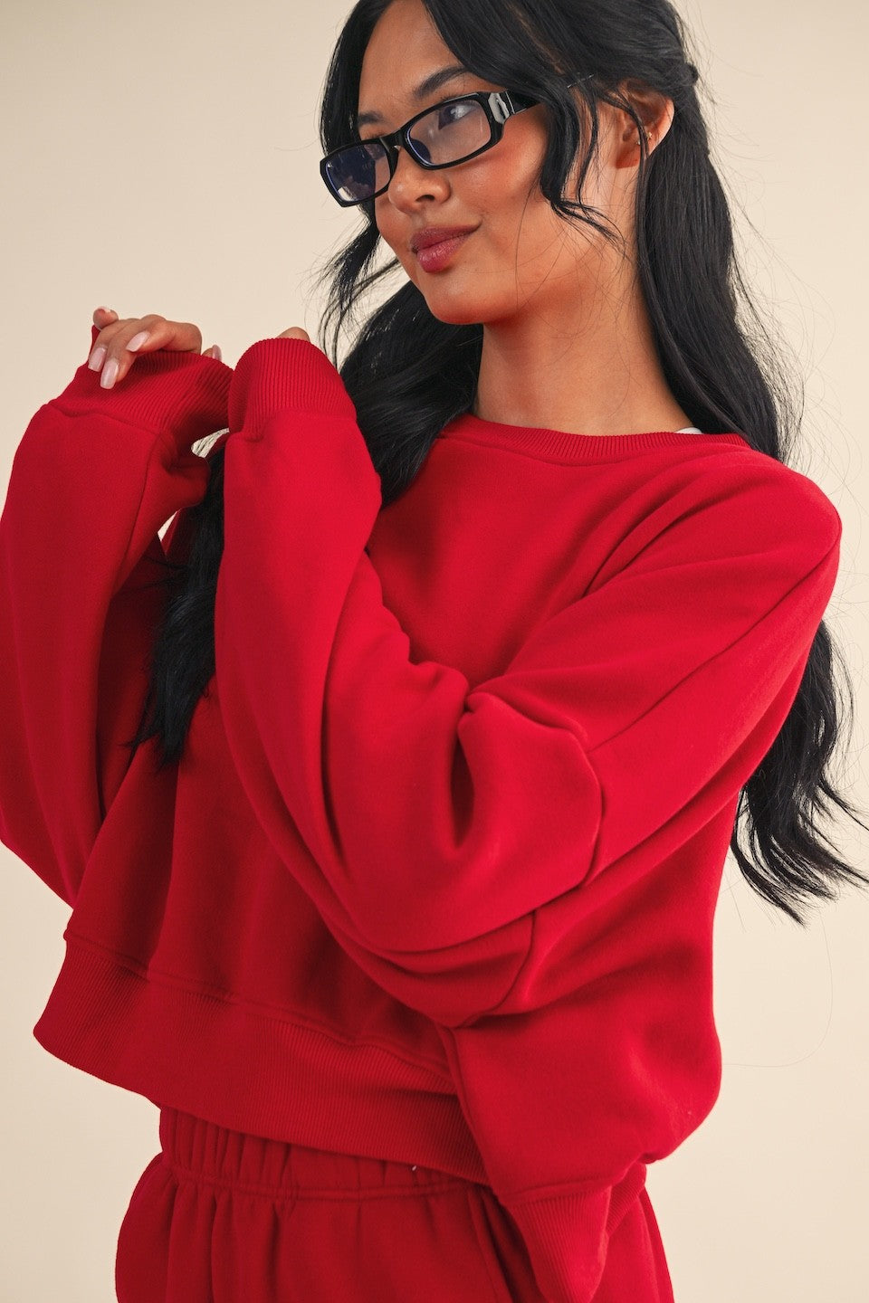 Cozy Fleece Oversized Crewneck Sweatshirt - Cherry