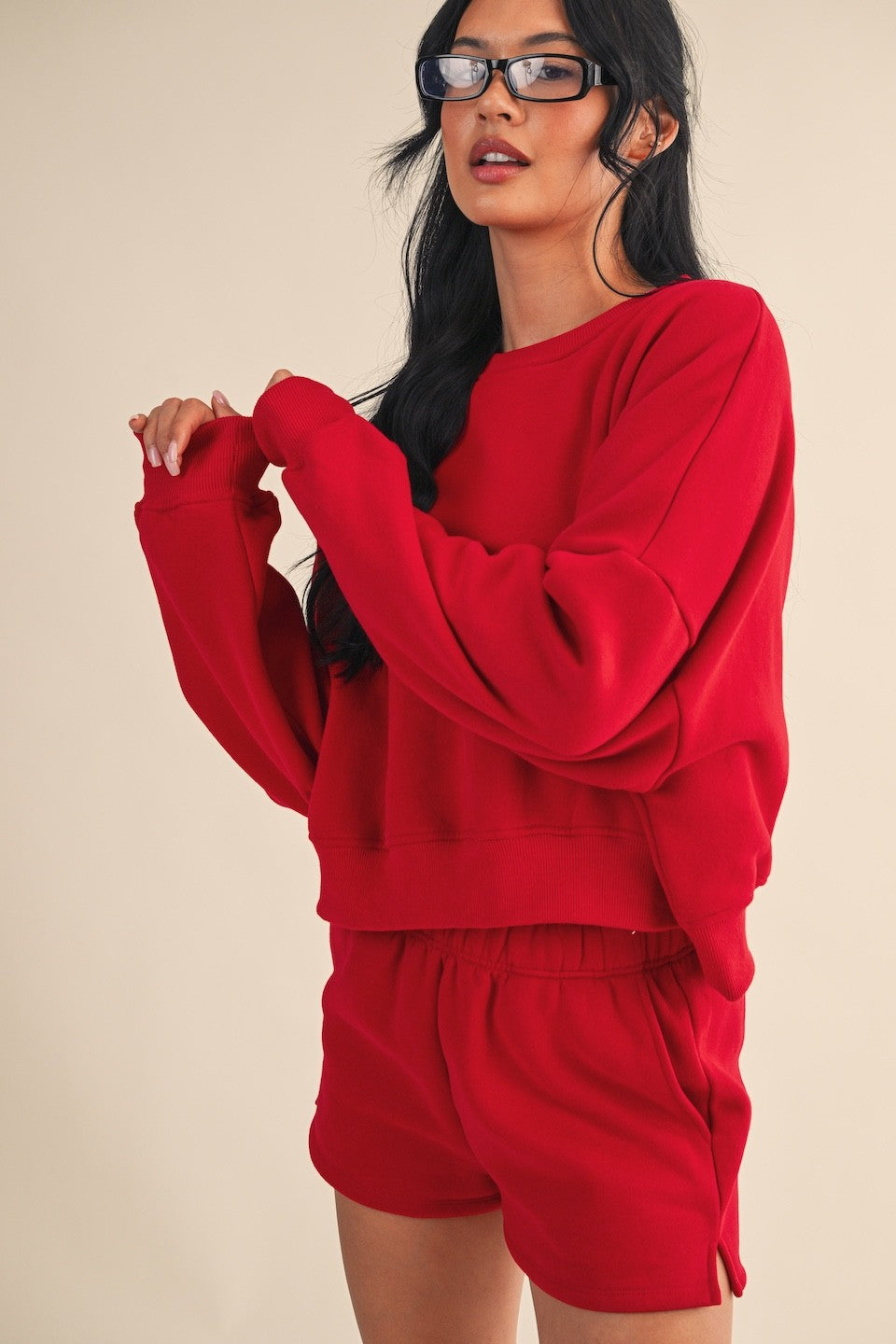 Cozy Fleece Oversized Crewneck Sweatshirt - Cherry