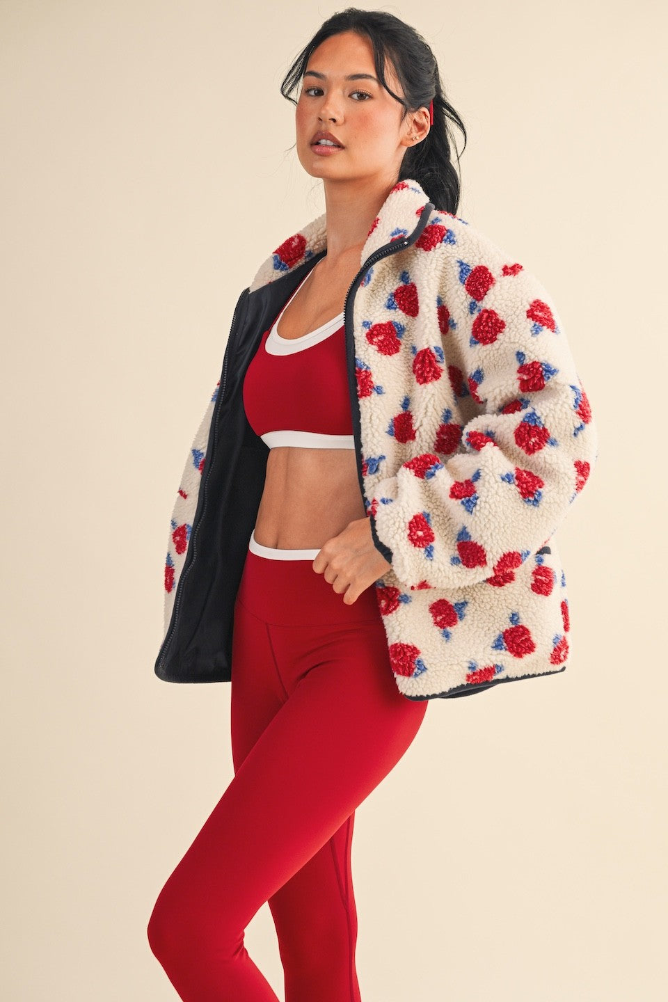 Cozy Oversized Rose Pattern Fleece Zip Up Jacket - Cream