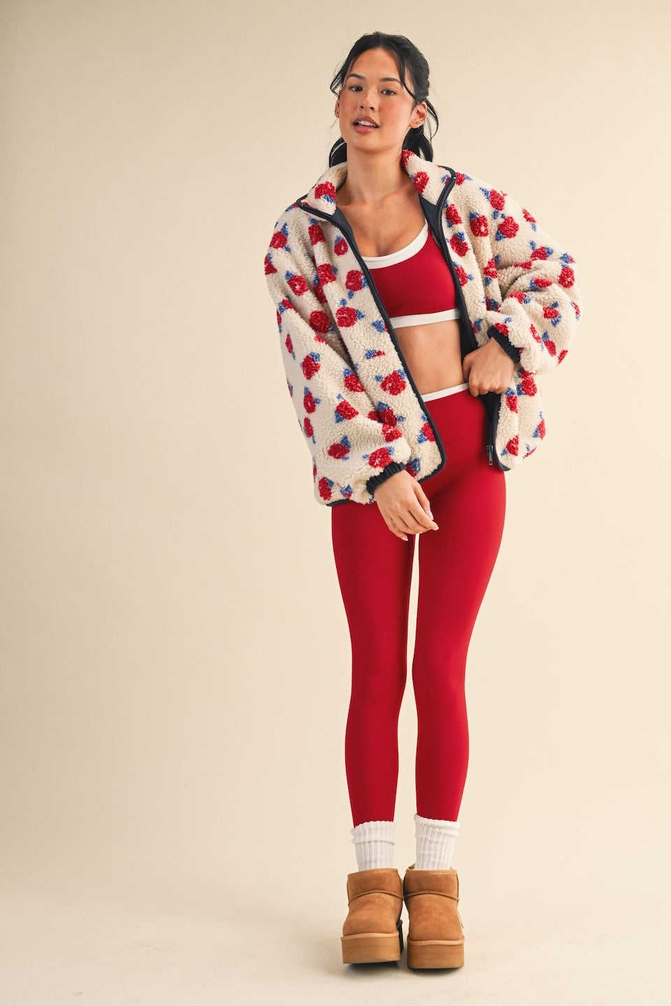 Cozy Oversized Rose Pattern Fleece Zip Up Jacket - Cream