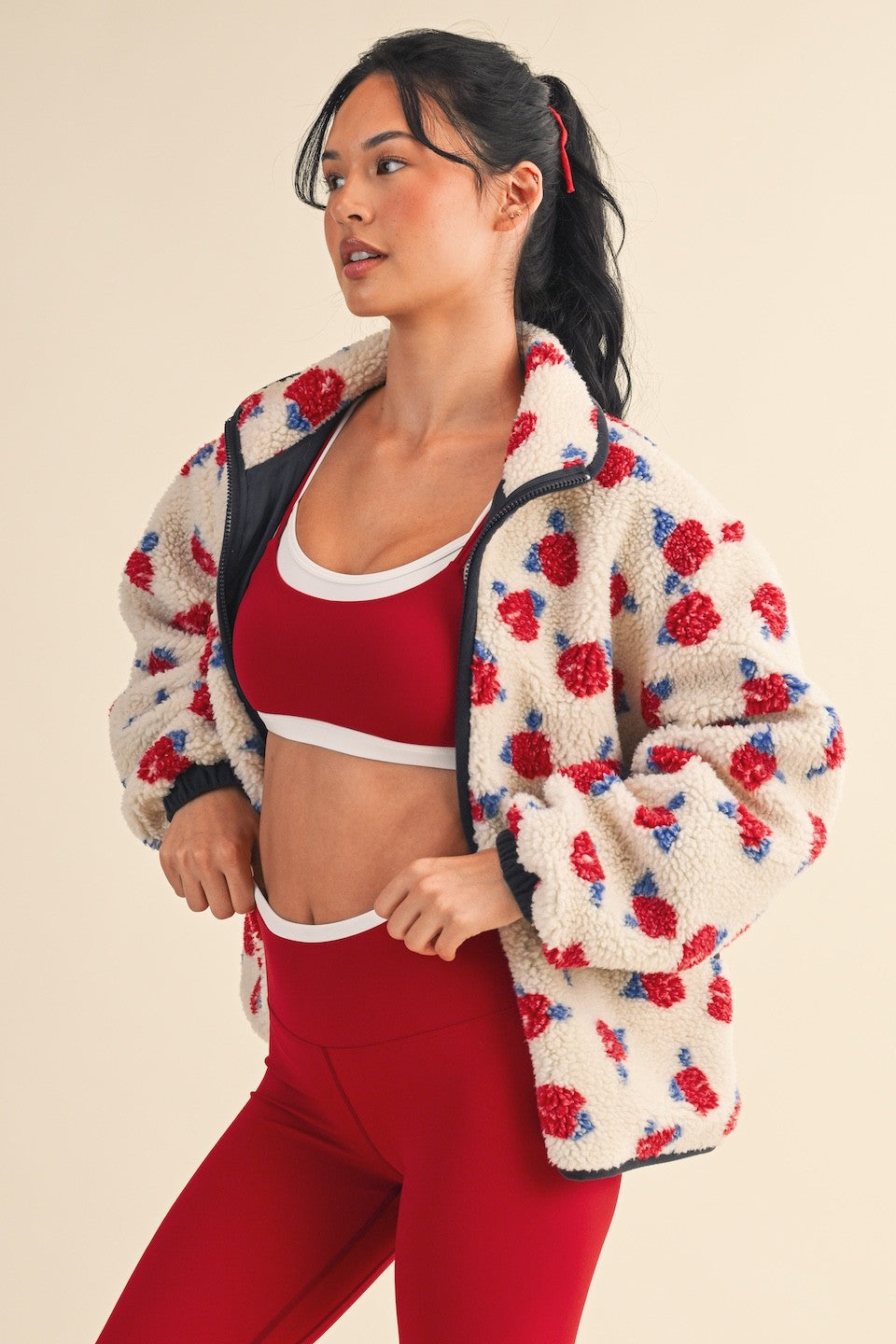 Cozy Oversized Rose Pattern Fleece Zip Up Jacket - Cream
