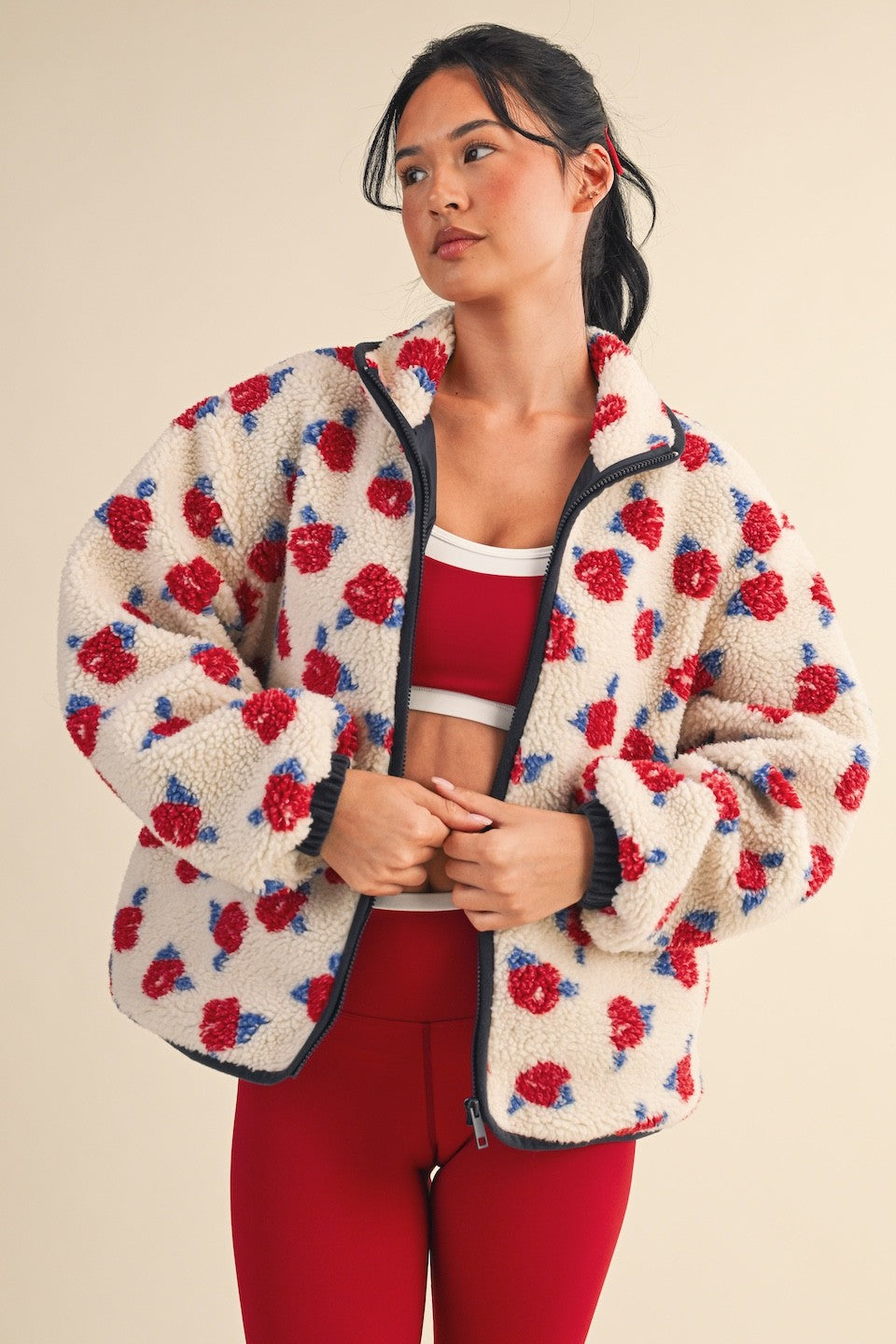 Cozy Oversized Rose Pattern Fleece Zip Up Jacket - Cream