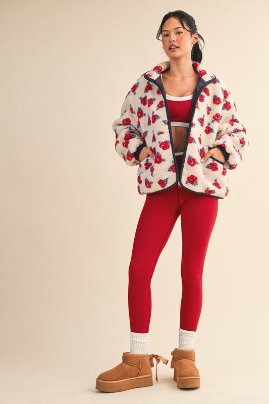 Cozy Oversized Rose Pattern Fleece Zip Up Jacket - Cream