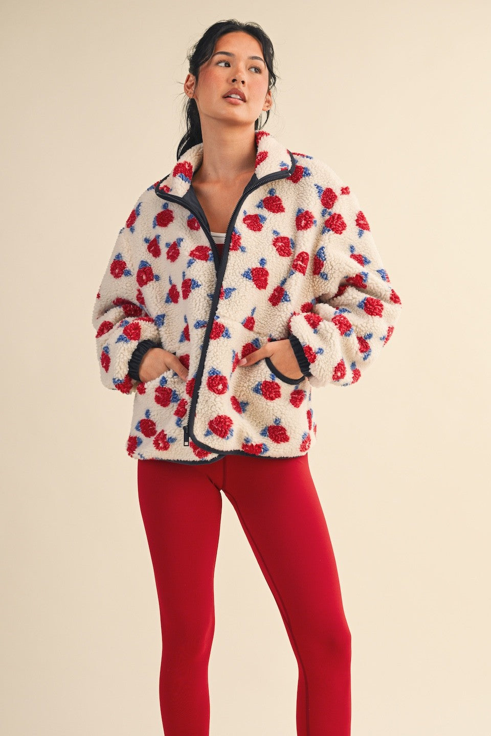 Cozy Oversized Rose Pattern Fleece Zip Up Jacket - Cream