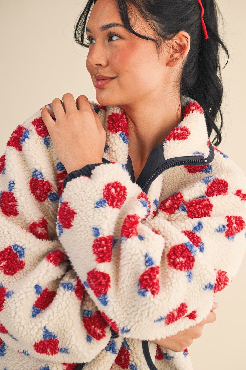 Cozy Oversized Rose Pattern Fleece Zip Up Jacket - Cream