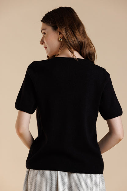 V-Neck Short Sleeve Sweater Top - Black