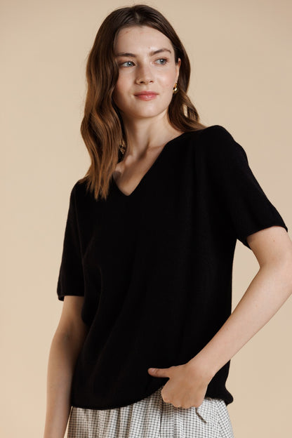 V-Neck Short Sleeve Sweater Top - Black