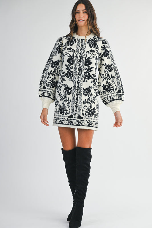 Jacquard Print Sweater Knit Mini Dress - Cream