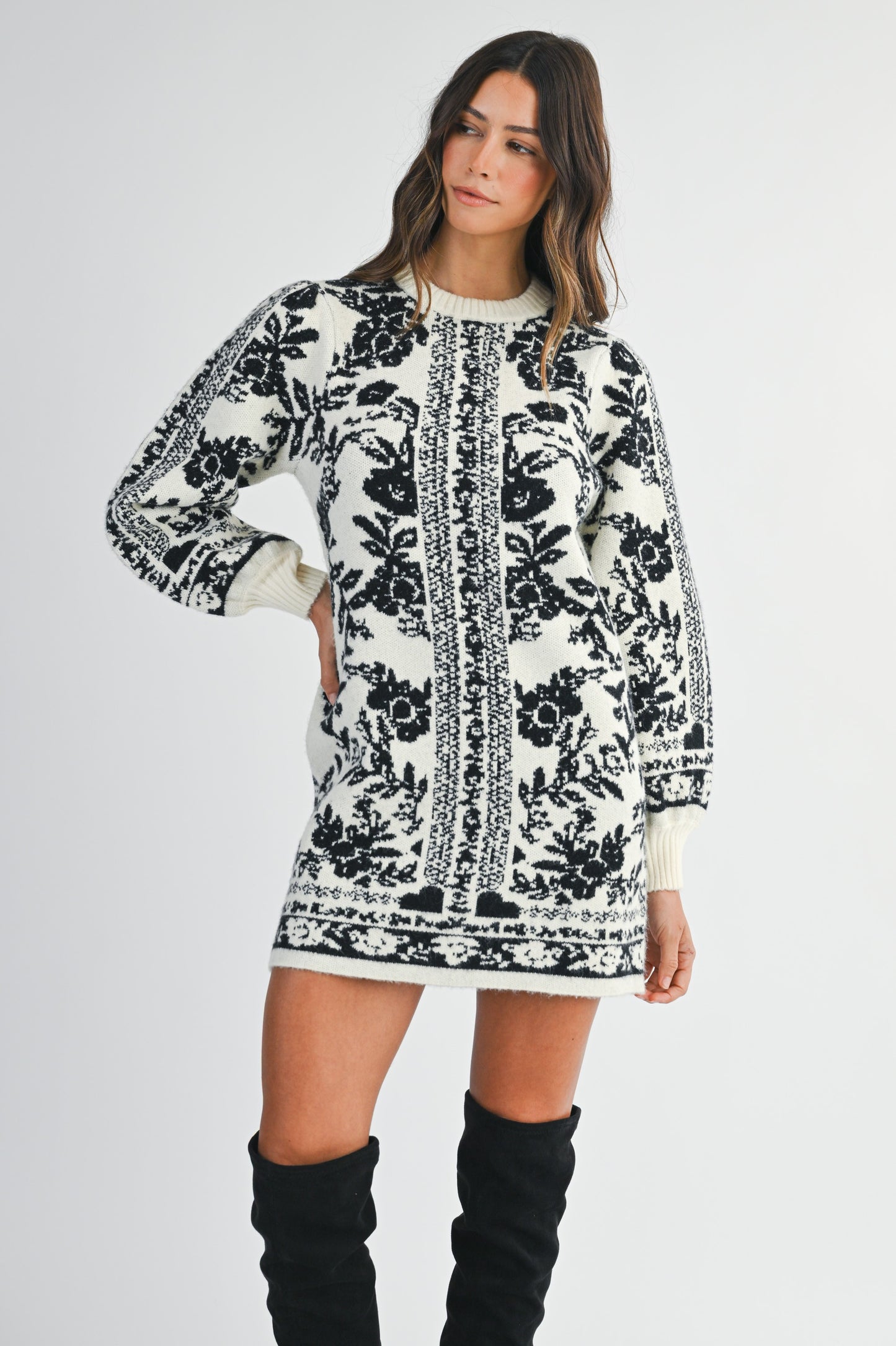 Jacquard Print Sweater Knit Mini Dress - Cream