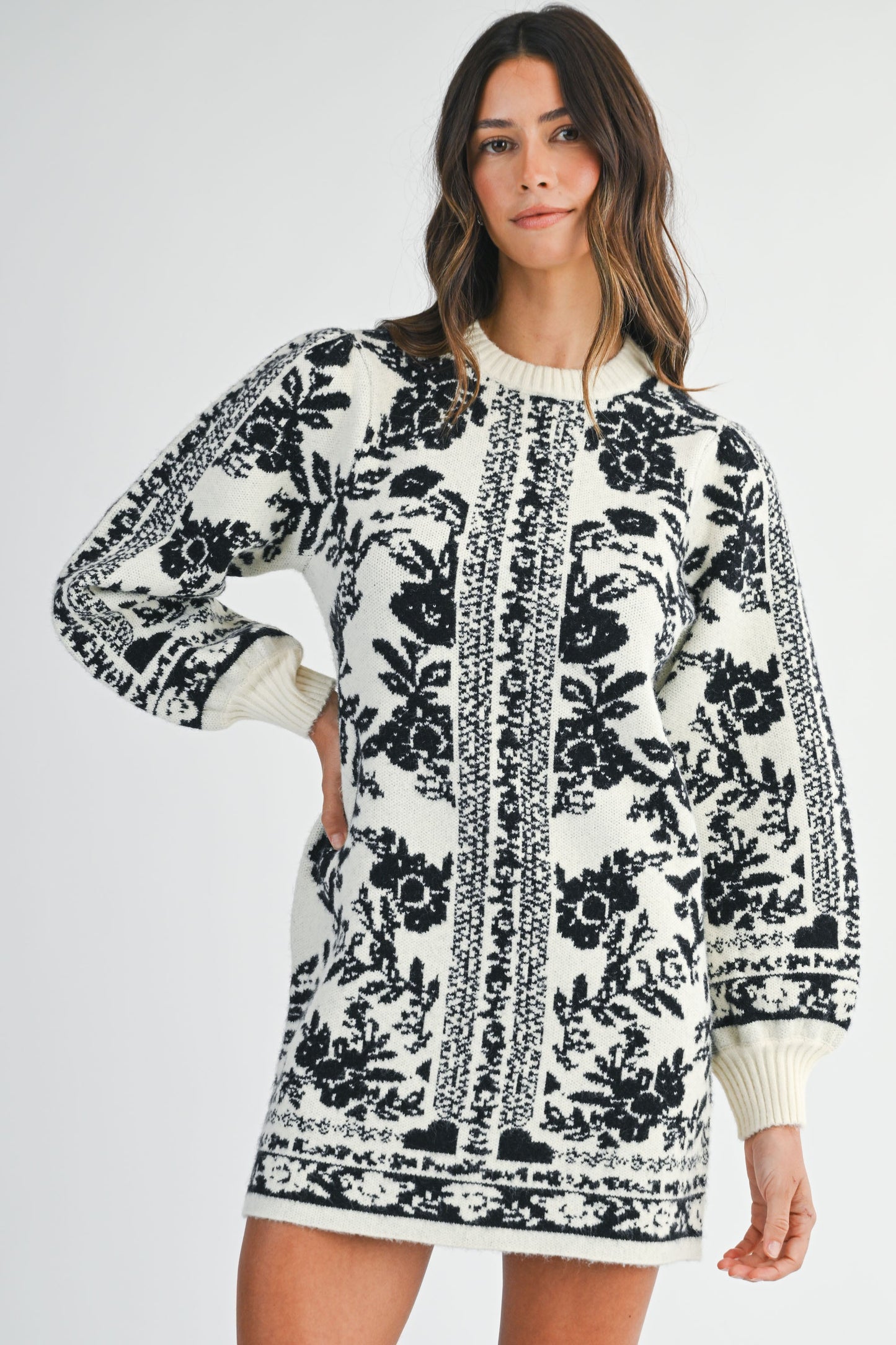 Jacquard Print Sweater Knit Mini Dress - Cream