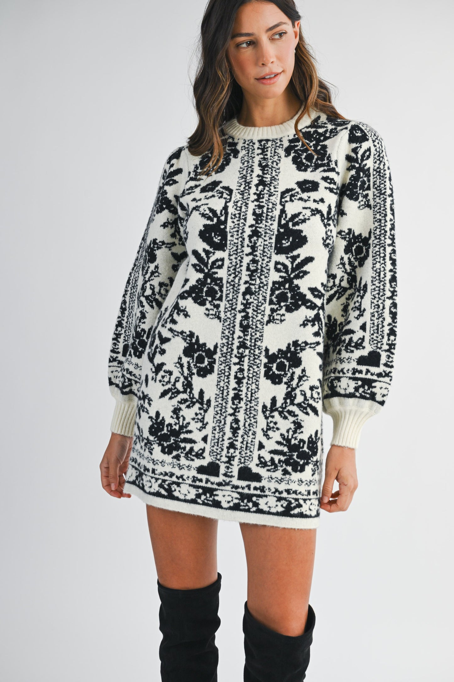 Jacquard Print Sweater Knit Mini Dress - Cream
