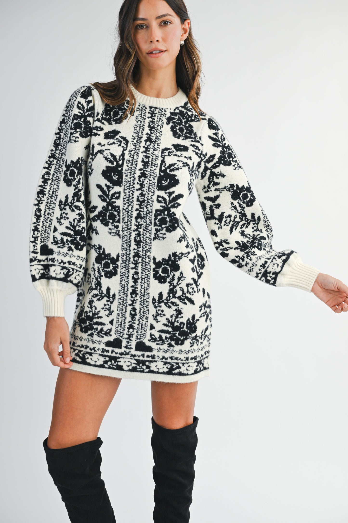 Jacquard Print Sweater Knit Mini Dress - Cream